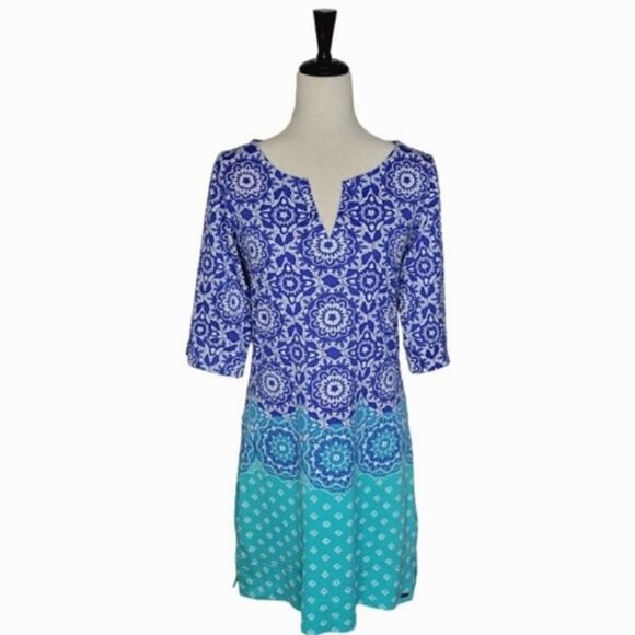 Hatley Clearwater Mandella Blue Patterned Split Neck 3/4 Sleeve Dress Size M - Picture 1 of 8